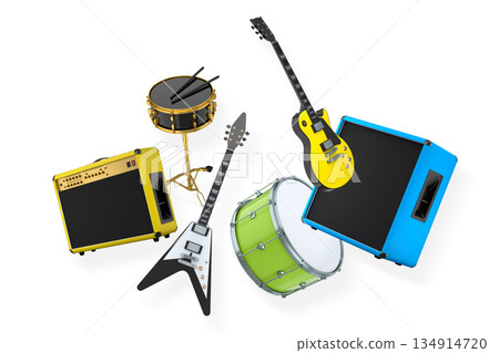 Set of electric acoustic guitars and drums with cymbals on white background 134914720