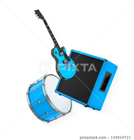 Set of electric acoustic guitars and drums with cymbals on white background Set of electric acoustic guitars and drums with cymbals on white background 134914721