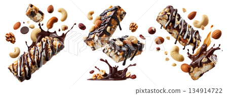 Chocolate coated nut protein energy fitness bar topped with almonds, cashews, walnuts, and chocolate drizzle on white Chocolate coated nut protein energy fitness bar topped with almonds, cashews, walnuts, and chocolate drizzle on white 134914722