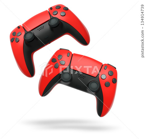 Wireless gaming controllers flying in air isolated on white background, symbolizing gaming technology concept 134914739