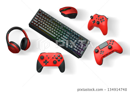 Gaming controllers, mechanical keyboard, mouse, and headset isolated on white background with clipping path 134914748