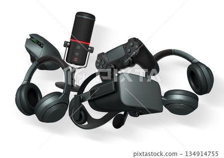 Collection of gaming accessories including headset, controller, microphone, and VR gear on white background with clipping path 134914755
