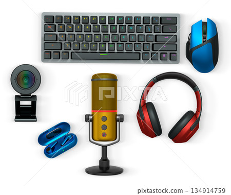 Gaming and streaming accessories including RGB keyboard, wireless mouse, headphones, mic, webcam, earbuds on white background Gaming and streaming accessories including RGB keyboard, wireless mouse, headphones, mic, webcam, earbuds on white background 134914759