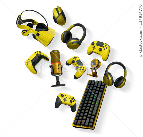 Gaming gear assortment with controllers, keyboard, headset, mouse, and mic isolated on white background with clipping path Gaming gear assortment with controllers, keyboard, headset, mouse, and mic isolated on white background with clipping path 134914770