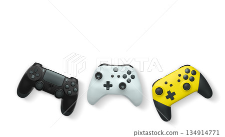 Wireless gaming controllers flying in air isolated on white background, symbolizing gaming technology concept 134914771