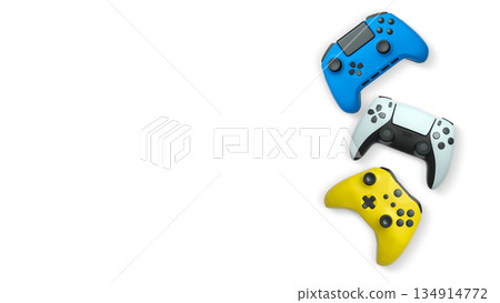 Wireless gaming controllers flying in air isolated on white background, symbolizing gaming technology concept Wireless gaming controllers flying in air isolated on white background, symbolizing gaming technology concept 134914772