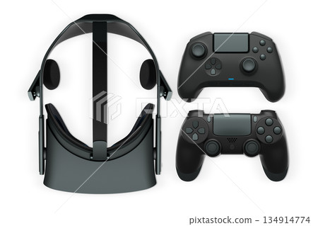 Virtual reality headset with gaming controllers, isolated on white background with clipping path, concept of immersive gaming 134914774