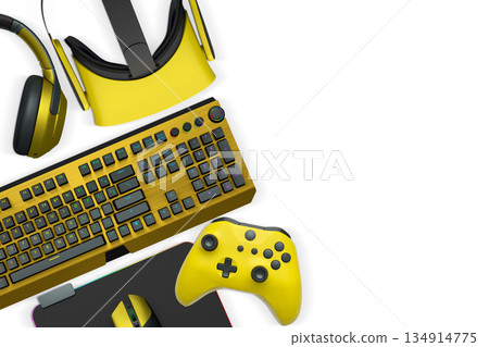 Collection of gaming accessories including headset, controller, keyboard, and VR gear on white background with clipping path 134914775