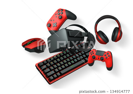 Collection of gaming accessories including headset, controller, keyboard, and VR gear on white background with clipping path Collection of gaming accessories including headset, controller, keyboard, and VR gear on white background with clipping path 134914777