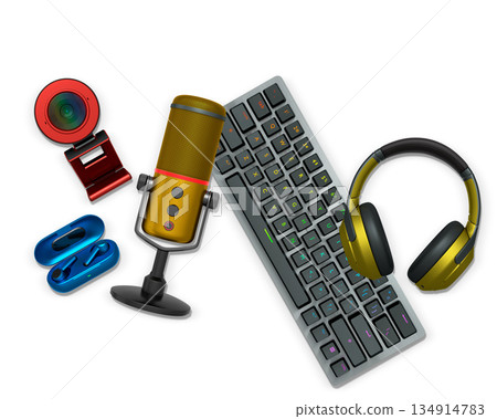 Gaming and streaming accessories including RGB keyboard, headphones, mic, webcam, earbuds on white background Gaming and streaming accessories including RGB keyboard, headphones, mic, webcam, earbuds on white background 134914783
