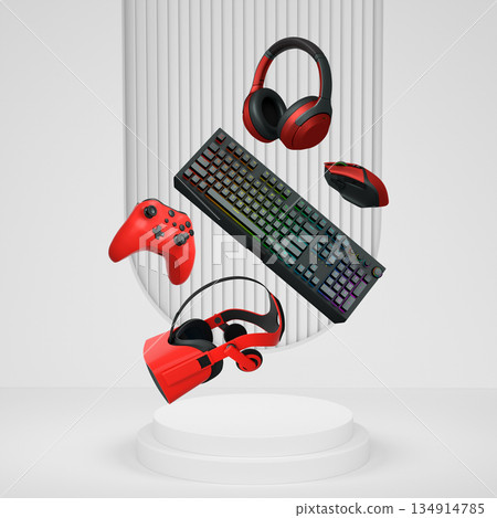 Gaming controllers, keyboard, headset, VR gear, and mouse floating above podium, digital art style, with abstract backdrop Gaming controllers, keyboard, headset, VR gear, and mouse floating above podium, digital art style, with abstract backdrop 134914785