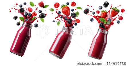 Vibrant berry smoothie splashing from glass bottle, surrounded by fresh fruits and mint, isolated on white background Vibrant berry smoothie splashing from glass bottle, surrounded by fresh fruits and mint, isolated on white background 134914788
