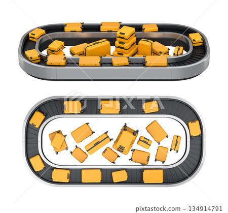 Set of Airport luggage conveyor belt or baggage claim area with suitcases on white. 134914791