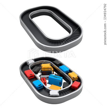 Set of Airport luggage conveyor belt or baggage claim area with suitcases on white. 134914792