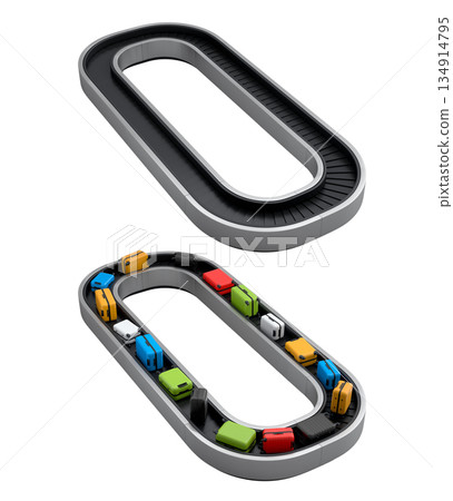 Set of Airport luggage conveyor belt or baggage claim area with suitcases on white. 134914795