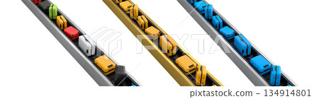 Set of Airport luggage conveyor belt or baggage claim area with suitcases on white. 134914801