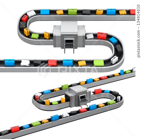 Set of Airport luggage conveyor belt or baggage claim area with suitcases on white. 134914810