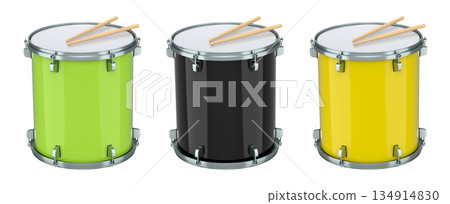 Set of drums and wooden drum sticks on white. 3d render of musical instrument 134914830