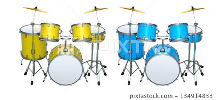 Set of realistic drums with metal cymbals or drumset on white background 134914833