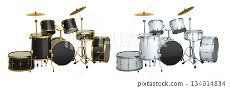Set of realistic drums with metal cymbals or drumset on white background Set of realistic drums with metal cymbals or drumset on white background 134914834