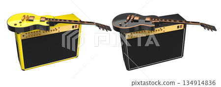 Set of amplifier with acoustic guitar isolated on white background. 134914836