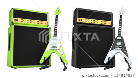 Set of amplifier with acoustic guitar isolated on white background. Set of amplifier with acoustic guitar isolated on white background. 134914837