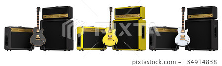 Set of amplifier with acoustic guitar isolated on white background. Set of amplifier with acoustic guitar isolated on white background. 134914838