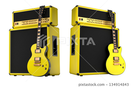 Set of amplifier with acoustic guitar isolated on white background. 134914843