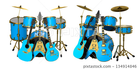 Set of realistic drums with metal cymbals on stand and acoustic guitars on white 134914846