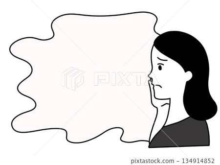 A worried woman with her hands on her face and an uneasy speech bubble A worried woman with her hands on her face and an uneasy speech bubble 134914852