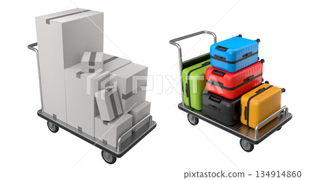 Set of suitcase and boxes on airport trolley cart for carrying baggage on white background Set of suitcase and boxes on airport trolley cart for carrying baggage on white background 134914860