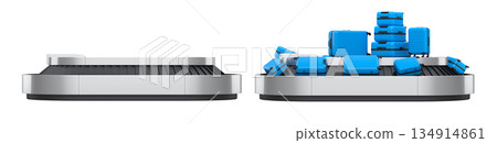 Set of Airport luggage conveyor belt or baggage claim area with suitcases on white. Set of Airport luggage conveyor belt or baggage claim area with suitcases on white. 134914861