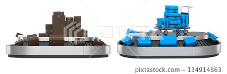 Set of Airport luggage conveyor belt or baggage claim area with suitcases on white. Set of Airport luggage conveyor belt or baggage claim area with suitcases on white. 134914863