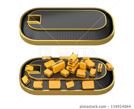 Set of Airport luggage conveyor belt or baggage claim area with suitcases on white. 134914864