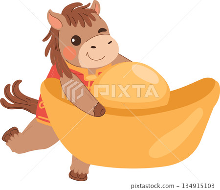 chinese new year lucky horse holding gold ingot 134915103