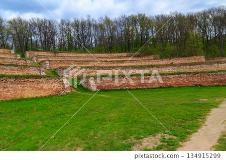 Singing terraces are garden terraces built at 19th century and fortified by brick walls in Kharkiv region, Ukraine 134915299