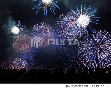 夜空中閃耀著藍色的煙火 134915405