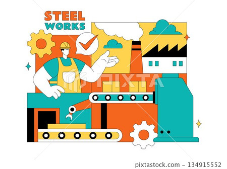 Steelworks Vector Illustration Featuring Resource Mining, Metal Smelting Process Inside Large Foundry, And Molten Steel Pouring In Flat Background Steelworks Vector Illustration Featuring Resource Mining, Metal Smelting Process Inside Large Foundry, And Molten Steel Pouring In Flat Background 134915552