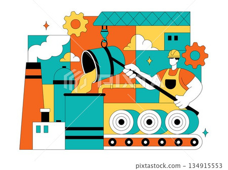 Steelworks Vector Illustration Featuring Resource Mining, Metal Smelting Process Inside Large Foundry, And Molten Steel Pouring In Flat Background 134915553