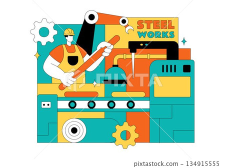 Steelworks Vector Illustration Featuring Resource Mining, Metal Smelting Process Inside Large Foundry, And Molten Steel Pouring In Flat Background Steelworks Vector Illustration Featuring Resource Mining, Metal Smelting Process Inside Large Foundry, And Molten Steel Pouring In Flat Background 134915555