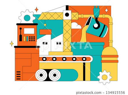 Steelworks Vector Illustration Featuring Resource Mining, Metal Smelting Process Inside Large Foundry, And Molten Steel Pouring In Flat Background 134915556