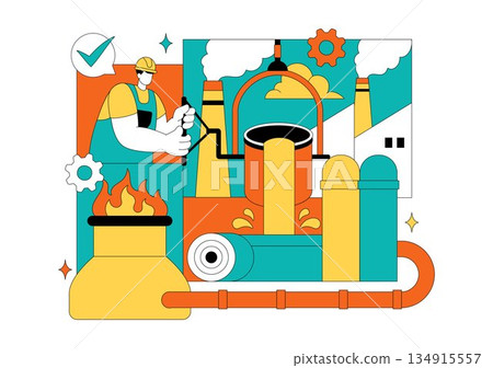 Steelworks Vector Illustration Featuring Resource Mining, Metal Smelting Process Inside Large Foundry, And Molten Steel Pouring In Flat Background 134915557