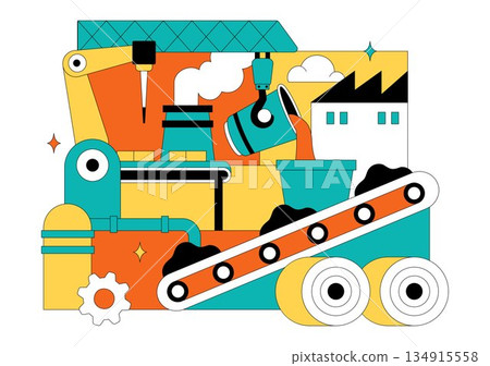 Steelworks Vector Illustration Featuring Resource Mining, Metal Smelting Process Inside Large Foundry, And Molten Steel Pouring In Flat Background 134915558