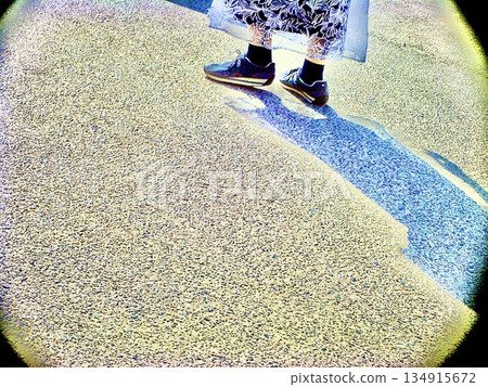 Snap background material of shadows stretching in strong sunlight and feet Snap background material of shadows stretching in strong sunlight and feet 134915672