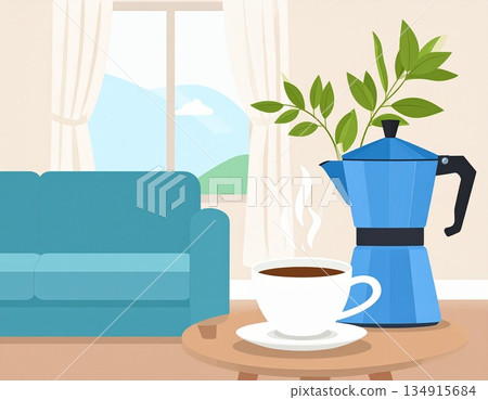 Illustration of relaxing time in the living room 134915684