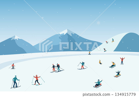 熙熙攘攘的滑雪勝地插圖背景 熙熙攘攘的滑雪勝地插圖背景 134915779