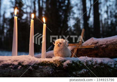 Saint Brigids Cross Irish pagan symbol with daisy of house blessing protection from evil and fire. Saint Brigids Cross Irish pagan symbol with daisy of house blessing protection from evil and fire. 134915790