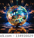 Disco ball with party illumination glow. 80s styled disco party mirror ball. Generated AI. 134916029