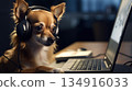 Dog works with the laptop. Remote work or freelance concept with funny puppy. Generated AI. 134916033