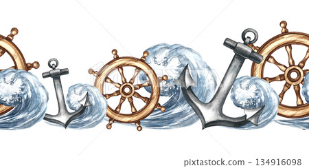 Seamless border with sea waves, anchors, and ship's rudders. Hand-drawn watercolor illustrations. For textiles and postcards, posters and banners, packaging, and more. Seamless border with sea waves, anchors, and ship's rudders. Hand-drawn watercolor illustrations. For textiles and postcards, posters and banners, packaging, and more. 134916098